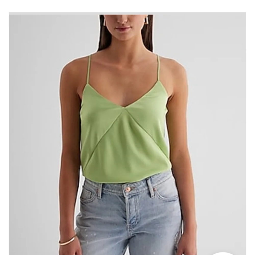 Express Satin Seamed V-Neck Cross-Back Downtown Cami - Size Small Green